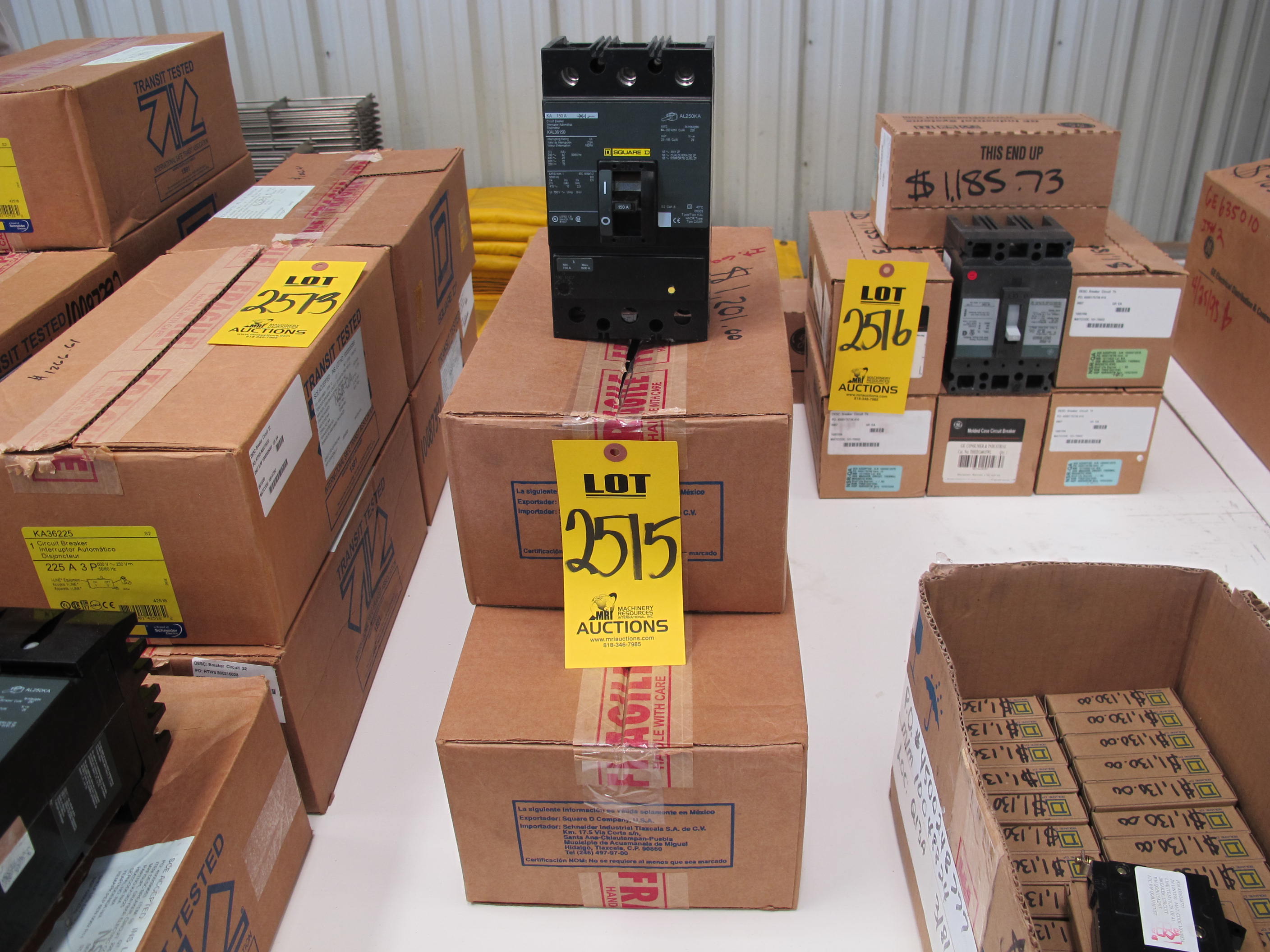 LOT (3) BREAKERS, CIRCUIT TYPE, THERMAL MAGNETIC KIND, 150 AMP RATING, 480 VOLT RATING, 3 POLE. PART # KAL36150 (W-44) LOADING & HANDLING FEE $5-